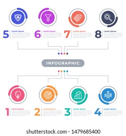 Presentation business infographic template with 8 options and descriptions. Vector illustration.