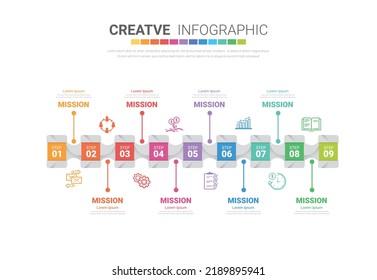 Presentation business infographic template, Abstract infographics number options template with 9 steps. Vector illustration.