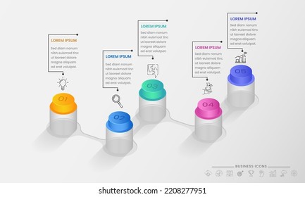 Presentation Business Infographic Template With Five Options And 3D Jar On White Background.