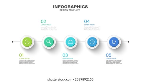 Presentation business infographic template. Process label design with circles with 5 options or steps. Vector illustration.