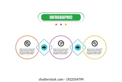 Presentación de la plantilla de infografía del negocio con tres opciones. Números y elementos de banner de la etiqueta de círculo de infografía vectorial.  Diseño de infografías planas de línea delgada de concepto de negocio presentación 3 pasos.