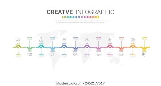 Plantilla de infografía de negocios de presentación, cronograma durante 12 meses, 1 año, se puede utilizar para flujo de trabajo, diagrama de proceso, diagrama de flujo. VECTOR EPS.