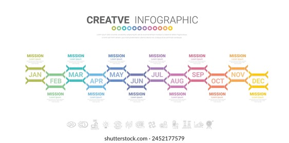 Plantilla de infografía de negocios de presentación, cronograma durante 12 meses, 1 año, se puede utilizar para flujo de trabajo, diagrama de proceso, diagrama de flujo. VECTOR EPS.