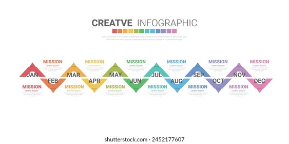 Presentation business infographic template, Timeline for 12 months, 1 year, can be used for workflow, process diagram, flow chart. EPS vector.