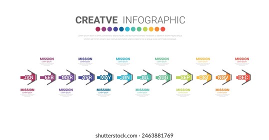 Plantilla de infografía de negocios de presentación, cronograma durante 12 meses, 1 año, se puede utilizar para el flujo de trabajo, diagrama de proceso, diagrama de flujo, Vector EPS.