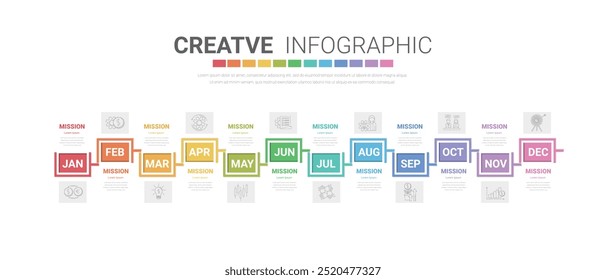 Presentation business infographic template, Timeline for 12 months, 1 year, can be used for workflow, process diagram, flow chart. EPS vector.