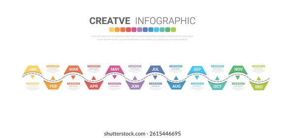 Presentation business infographic template, Timeline for 12 months, 1 year, can be used for workflow, process diagram, flow chart. EPS vector.