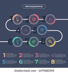 Presentation business infographic timeline template with 8 options. Vector illustration.