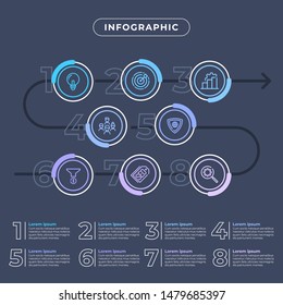 Presentation business infographic timeline template with 8 options. Vector illustration.