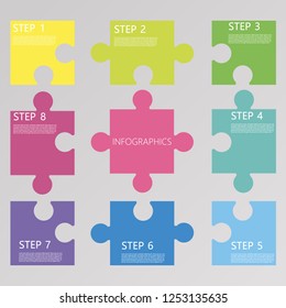 Presentation business infographics template with Jigsaw puzzle options. - can be used for workflow layout, diagram, annual report, web design. Business concept. Vector illustration.