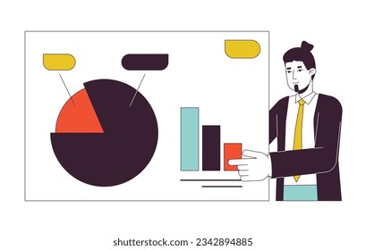 Presentación del hombre de negocios concepto de línea plana vectorial ilustración spot. Gerente de ventas masculino europeo 2D caricatura sobre el personaje blanco para diseño de interfaz de usuario web. Imagen de héroe de color aislado editable
