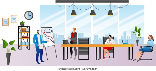 Presentation at business meeting, group teamwork at office vector illustration. People team discussion, person character brainstorming. Businessman use cartoon board with graph, table, chart.