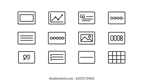 Apresentação, conjunto de ícones da estrutura de tópicos de negócios. gráficos, gerenciamento de dados, coleta de análise