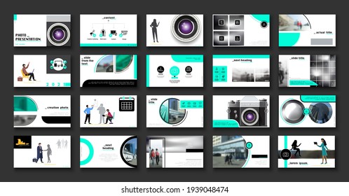 Presentation Of Business Photo, Camera Powerpoint, Infographic Design Template, Green, Black Elements, White Background Set. A Team Of People, Girls Creates Work. Financial Work. Using Flyers, SEO