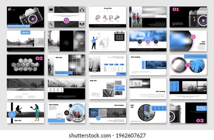 Presentation of business photo, camera powerpoint, infographic design template, blue, black elements, white background set. A team of people, girls creates work. Financial work. Using flyers, SEO