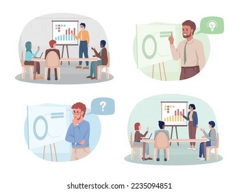 Presentation of business strategy 2D vector isolated illustrations set. Corporate planning flat characters on cartoon background. Colorful editable scenes collection for mobile, website, presentation