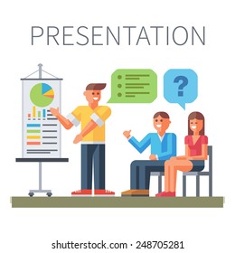 Presentation. Business training. Education. Coach and students. Vector flat illustrations