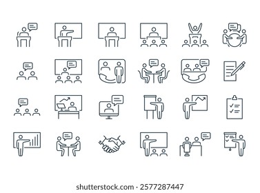 Presentation, business training or seminar icon set. Graphic flat signs with editable stroke line, isolated on white.