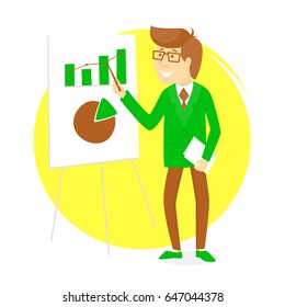 Presentation with  businessman and board with graphs. Cheerful entrepreneur design