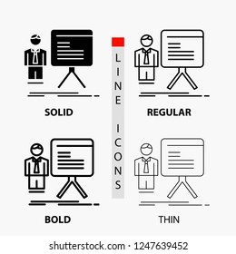 presentation, businessman, chart, graph, progress Icon in Thin, Regular, Bold Line and Glyph Style. Vector illustration