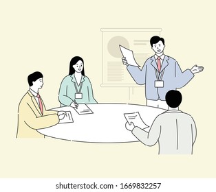 presentation businessman illustration set. projector, meeting, chart, group Vector drawing. Hand drawn style.