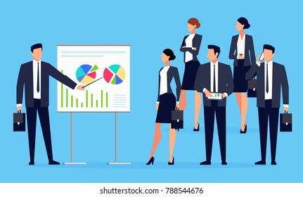 Presentación. Empresario hace una presentación frente a un grupo de personas. Empresarios de estilo plano. Plantilla de diseño de pancarta. Ilustración vectorial.