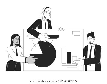 Presentation businesspeople bw concept vector spot illustration. Partnership three people 2D cartoon flat line monochromatic characters for web UI design. Teamwork editable isolated outline hero image