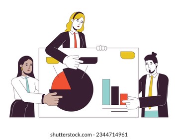 Presentation businesspeople flat line concept vector spot illustration. Partnership three people 2D cartoon outline characters on white for web UI design. Teamwork editable isolated color hero image
