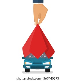 Presentation car. Auto covered red silk. Man hand take off cloth with vehicle. Vector illustration flat design. Isolated on white background. Showing surprise car. Exhibition new model.