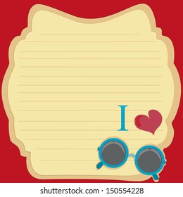 a presentation card with blue glasses and a red heart