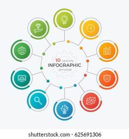 Presentation circle chart template with 10 options. Editable stroke. Vector illustration.