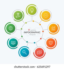 Presentation circle chart template with 9 options. Editable stroke. Vector illustration.