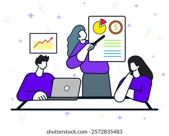 Presentation with clients concept. Businesswoman tell to team and client about business growth. Creative project presentation, successful project, educational process, sharing idea. 