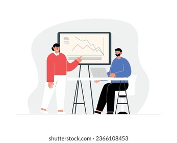 Presentation with colleagues, sales graph analysis, in room for office workers, factory vector illustration.