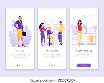 Presentation of the company: About us, the team, business. Onboarding screens user interface kit. Modern user interface UX, UI screen template for mobile smart phone or web site. Vector Illustration