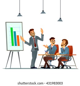 Presentation of company statistics to foreign partners delegation. Vector illustration of office life.