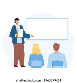 Presentation Company Strategy Speak Worker Vector. Businessman Giving Presentation For Colleagues In Conference Room. Characters Ceo And Employees Business Meeting Flat Cartoon Illustration