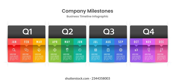 Presentation of the company's milestones over the course of a year divided by quarters. Vector illustration.