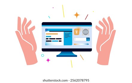 Presentation of a computer between open arms. Spectacular color illustration.