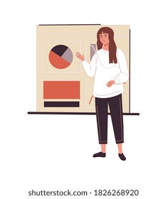 Presentation concept. A girl standing next to graphs and diagrams and presenting her project. Flat vector illustration.