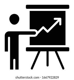 Concepto de presentación, dar formación a los empleados para la animación sobre fondo blanco, hombre con diseño de icono de glifo de placa