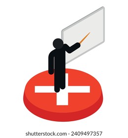 Presentation concept icon isometric vector. Stickman on red button and flipchart. Seminar, presentation, learning