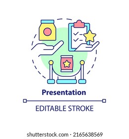 Presentation Concept Icon. Sales Process Abstract Idea Thin Line Illustration. Showing Product Benefits. Demonstration. Isolated Outline Drawing. Editable Stroke. Arial, Myriad Pro-Bold Fonts Used