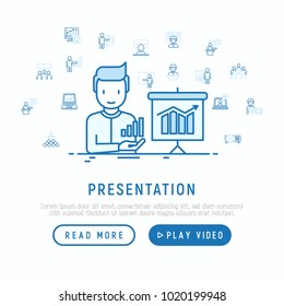Presentation concept. Man showing graph of growth with thin line icons: seminar,  meeting, projector, audience, video call, conference, discussion. Modern vector illustration, web page template.