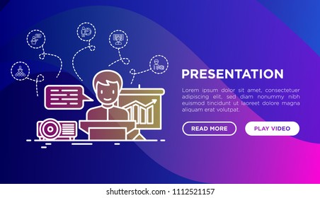 Presentation concept. Man showing graph of growth by projector. Thin line icons: seminar, meeting, audience, video call, conference, discussion. Modern vector illustration, web page template.