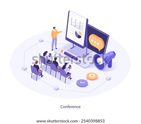 Presentation concept. Speaker coach speaking lecture before audience. Business meeting, training, conference infographic template. Flat isometric vector illustration 