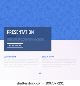 Presentation concept with thin line icons: seminar, human at tribune, meeting, projector, audience, video call, conference, discussion. Modern vector illustration for banner, print media, web page.