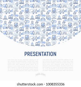 Presentation concept with thin line icons: seminar, human at tribune, meeting, projector , audience, video call, conference, discussion. Modern vector illustration for banner, print media, web page.