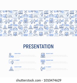 Presentation concept with thin line icons: seminar, human at tribune, meeting, projector , audience, video call, conference, discussion. Modern vector illustration for banner, print media, web page.