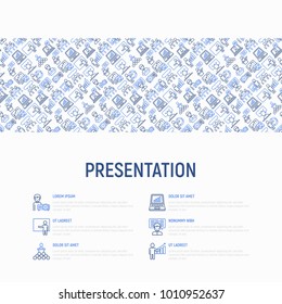 Presentation concept with thin line icons: seminar, human at tribune, meeting, projector , audience, video call, conference, discussion. Modern vector illustration for banner, print media, web page.